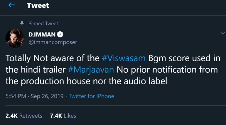 Marjaavaan Bollywood movie copies Viswasam BGM - Imman disappointed comments in Social Media